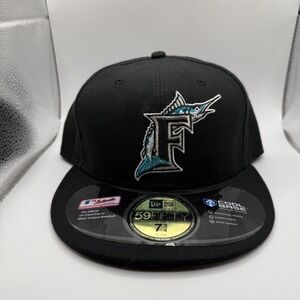 New Era 59Fifty Miami Marlins Black Baseball Cap 7 3/4 Fitted MLB Hat Cool Era